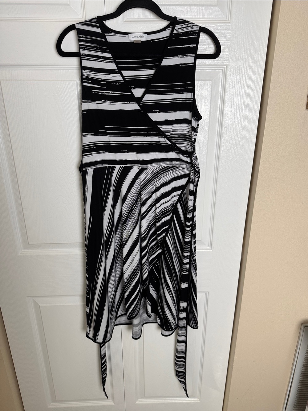Calvin Klein Black and White Striped Wrap Midi Dress